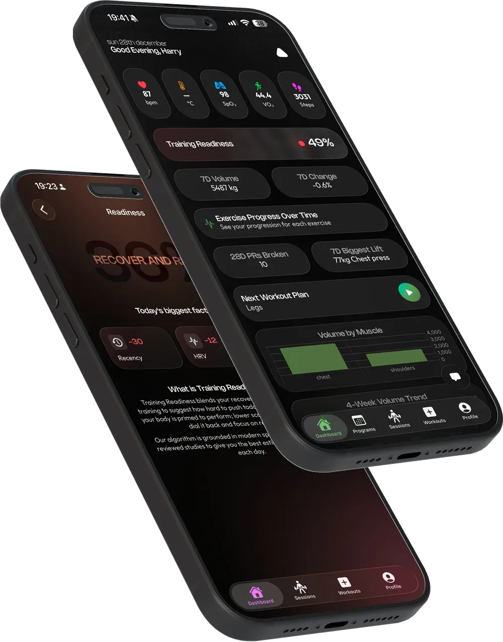 Two iPhones showing Prism's dashboard and its training readiness breakdown